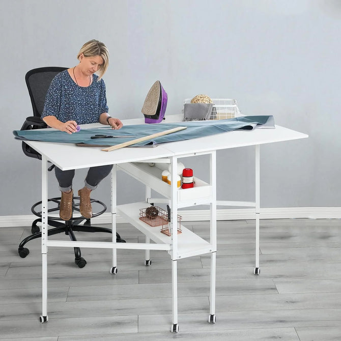 EROMMY Height Adjustable Craft Table with Storage Shelves, Mobile Folding Cutting Table for Large Fabric, Home Office Sewing Room Craft Room-Erommy