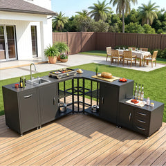 EROMMY 5-Piece Modular Outdoor Kitchen Island with Sink, Large Storage Cabinet & Shelf, Pull-Out Trash Drawer and Grill Stand, Outdoor Storage Kitchen Set for BBQ, Deck, Backyard, Black