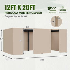 12FT X 20FT Pergola Winter Cover, All-Season Pergola Accessory, Outdoor Pergola Cover with Sidewalls and Mesh Windows, Waterproof Enclosure for Weather Protection, Fits Most Pergola Sizes