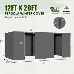 12FT X 20FT Pergola Winter Cover, All-Season Pergola Accessory, Outdoor Pergola Cover with Sidewalls and Mesh Windows, Waterproof Enclosure for Weather Protection, Fits Most Pergola Size, Gray