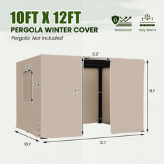 10FT X 12FT Pergola Winter Cover, All-Season Pergola Accessory, Outdoor Pergola Cover with Sidewalls and Mesh Windows, Waterproof Enclosure for Weather Protection, Fits Most Pergola Sizes, Beige