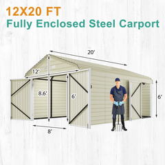 EROMMY 12x20 FT Heavy Duty Carport - Galvanized Steel Frame Car Shelter with Reinforced Base, Enclosed Storage Shed for Cars & Trucks, Beige