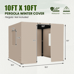 10FT X 10FT Pergola Winter Cover, All-Season Pergola Accessory, Outdoor Pergola Cover with Sidewalls and Mesh Windows, Waterproof Enclosure for Weather Protection, Fits Most Pergola Sizes, Beige
