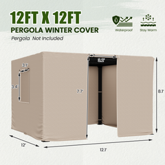 12FT X 12FT Pergola Winter Cover, All-Season Pergola Accessory, Outdoor Pergola Cover with Sidewalls and Mesh Windows, Waterproof Enclosure for Weather Protection, Fits Most Pergola Sizes, Beige