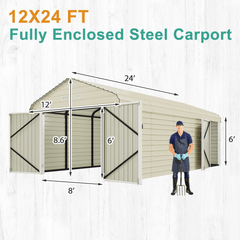 EROMMY 12x24 FT Heavy Duty Carport - Galvanized Steel Frame Car Shelter with Reinforced Base, Enclosed Storage Shed for Cars & Trucks, Beige
