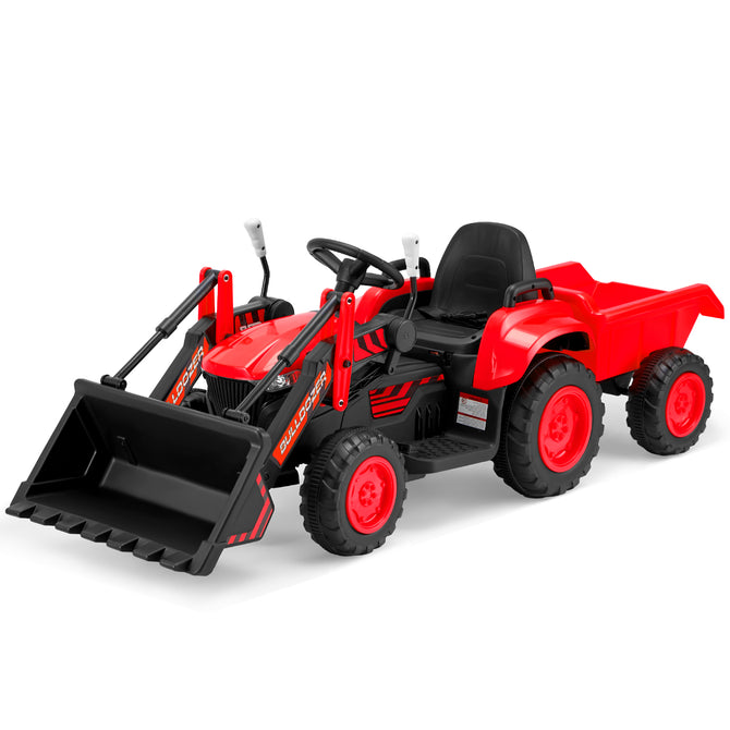 EROMMY 12V Ride-on Bulldozer for Kids with Front Loader, Horn, Lights, Music, Safety Belt, Red-Erommy