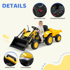 EROMMY 12V Ride-on Bulldozer for Kids with Front Loader, Horn, Lights, Music, Safety Belt, Yellow-Erommy