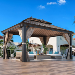 EROMMY 12' x 16' Hardtop Gazebo Galvanized Steel Double-Roof Canopy Outdoor, Aluminum Frame Permanent Metal Pavilion, Netting & Curtains-Erommy