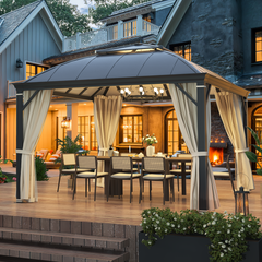 EROMMY 12' x 12' Hardtop Gazebo, Permanent Outdoor Aluminum Patio Gazebo with Aluminum Composite Double Arc Roof, Curtains and Netting Included-Erommy