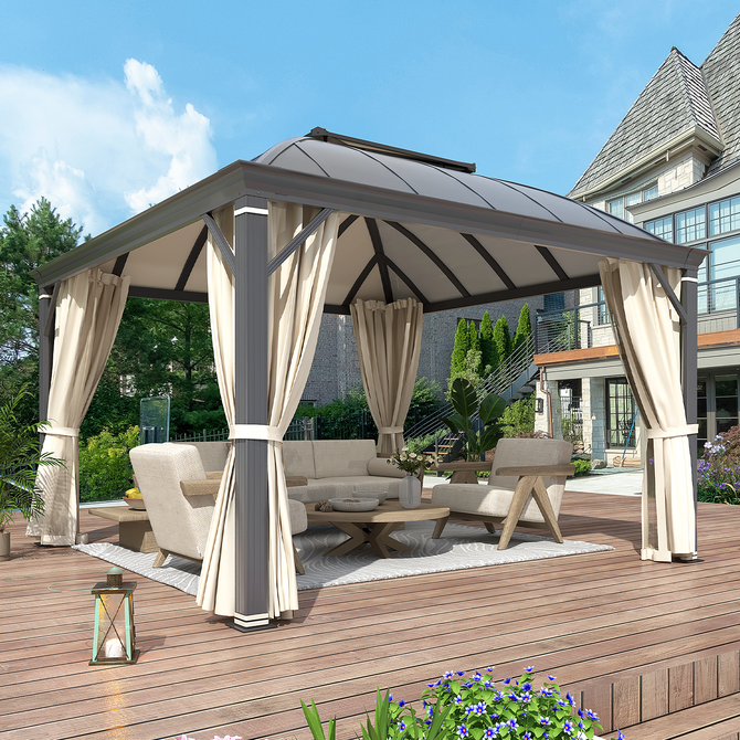 EROMMY 12' x 12' Hardtop Gazebo, Permanent Outdoor Aluminum Patio Gazebo with Aluminum Composite Double Arc Roof, Curtains and Netting Included-Erommy