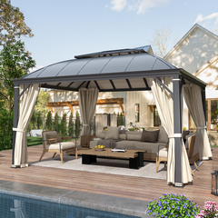 EROMMY 12' x 14' Hardtop Permanent Outdoor Aluminum Patio Gazebo, Double Roof for Patio Lawn and Garden, Curtains and Netting Included-Erommy