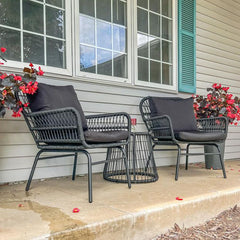 EROMMY 3-Piece Patio Bistro Set with Glass Top Table & 2 Ergonomic Armchairs, Black-Erommy