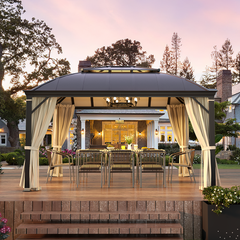 EROMMY 12' x 14' Hardtop Permanent Outdoor Aluminum Patio Gazebo, Double Roof for Patio Lawn and Garden, Curtains and Netting Included-Erommy