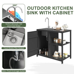 EROMMY 5-Piece Modular Outdoor Kitchen Island with Sink, Large Storage Cabinet & Shelf, Pull-Out Trash Drawer and Grill Stand, Outdoor Storage Kitchen Set for BBQ, Deck, Backyard, Black