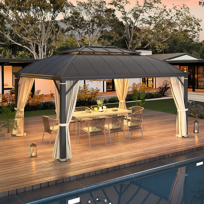 EROMMY 12' x 16' Hardtop Permanent Outdoor Aluminum Patio Gazebo, Double Roof for Patio Lawn and Garden, Curtains and Netting Included-Erommy