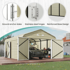 EROMMY 12x20 FT Heavy Duty Carport - Galvanized Steel Frame Car Shelter with Reinforced Base, Enclosed Storage Shed for Cars & Trucks, Beige