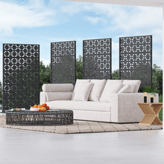 EROMMY 72" H Metal Privacy Screen, Free Standing Privacy Screen with Stable Heavy Base for Deck, Porch, Patio, Outdoor and Balcony, Black Square (Consist of 5 Panels)
