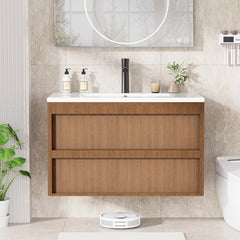 EROMMY 30 Inch Bathroom Vanity with Sink, Floating Bathroom Vanity with 2 Large Storage Drawers, Wood Grain Wall Mounted Bathroom Cabinet, Walnut