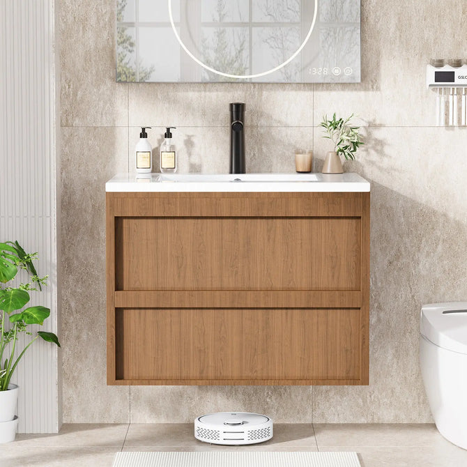EROMMY 24 Inch Bathroom Vanity with Sink, Floating Bathroom Vanity with 2 Large Storage Drawers, Wood Grain Wall Mounted Bathroom Cabinet, Walnut