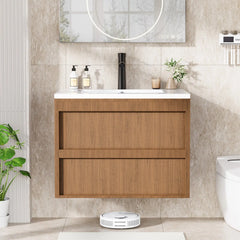 EROMMY 24 Inch Bathroom Vanity with Sink, Floating Bathroom Vanity with 2 Large Storage Drawers, Wood Grain Wall Mounted Bathroom Cabinet, Walnut
