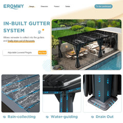 Erommy dark grey louvered pergola with built in gutters showing rain collection, water guiding, and drainage through the posts