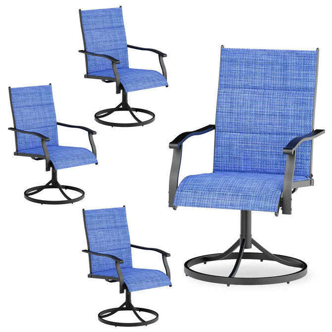 EROMMY Patio Swivel Chairs Set of 4, 360° Swivel, 15° Rocking, Outdoor Dining Chairs with Padded All Weather Quick-Drying Textilene High Back & Metal Frame, Blue