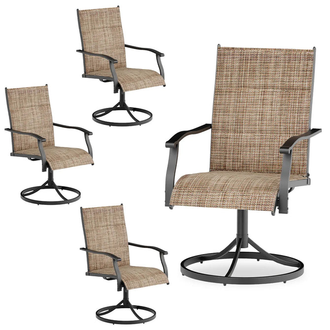 EROMMY Patio Swivel Chairs Set of 4, 360° Swivel, 15° Rocking, Outdoor Dining Chairs with Padded All Weather Quick-Drying Textilene High Back & Metal Frame, Brown
