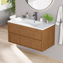 EROMMY 36 Inch Bathroom Vanity with Sink, Floating Bathroom Vanity with 2 Large Storage Drawers, Wood Grain Wall Mounted Bathroom Cabinet, Brown