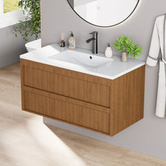 EROMMY 36 Inch Bathroom Vanity with Sink, Floating Bathroom Vanity with 2 Large Storage Drawers, Wood Grain Wall Mounted Bathroom Cabinet, Brown