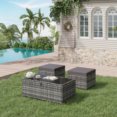 EROMMY 3 Piece Patio Furniture Set, Outdoor Wicker Ottoman & Coffee Table Set, 2 Cushioned Footrests with 1 Patio Side Table, Gray