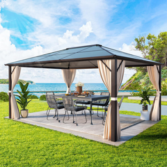 EROMMY 10’ x 12’ Patio Hardtop Gazebo Aluminum Frame Gazebos with Netting & Curtain, Outdoor Polycarbonate Gazebo For Garden, Patio, Lawns-Erommy
