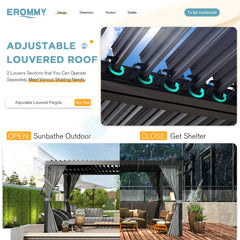 EROMMY 10'×12' Outdoor Louvered Pergola with Adjustable Aluminum Rainproof Roof, Curtains and Netting Included, Black