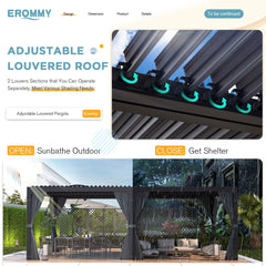 EROMMY Louvered Pergola 12x24, Aluminum Pergola with Adjustable Louvered Roof, Outdoor Pergola with Waterproof Curtains and Nets, Grey