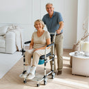 EROMMY 4-in-1 Bedside Commode Shower Wheelchair for Elderly and Disabled, Commode Chair with 4 Lockable Wheels, Detachable Bucket, Padded Seat and Armrests, Flip-Up Footrest, Black