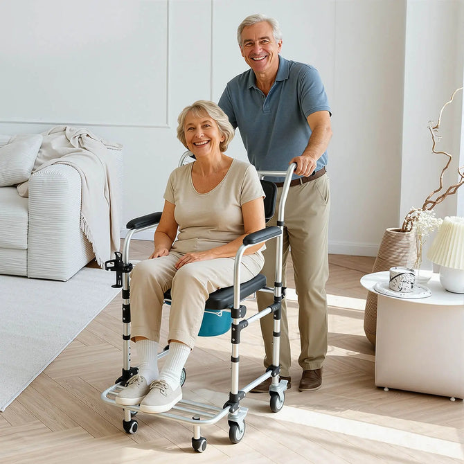 EROMMY 4-in-1 Bedside Commode Shower Wheelchair for Elderly and Disabled, Commode Chair with 4 Lockable Wheels, Detachable Bucket, Padded Seat and Armrests, Flip-Up Footrest, Black