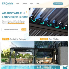 Erommy freestanding pergola with adjustable louvered roof shown open for sunlight and closed for shelter beside a furnished poolside patio with curtains