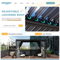 EROMMY Louvered Pergola 12x12, Aluminum Pergola with Adjustable Louvered Roof, Outdoor Pergola with Waterproof Curtains and Nets