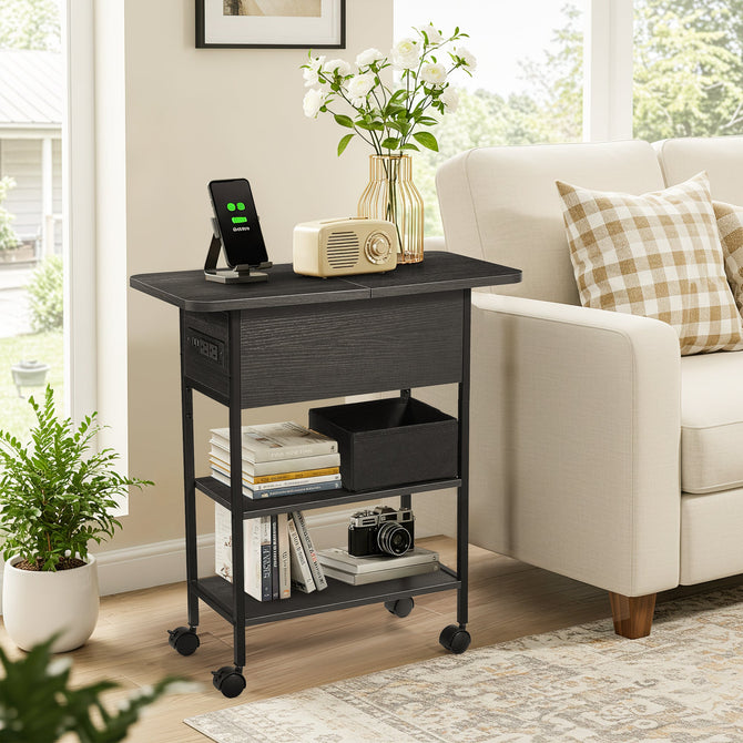 EROMMY Multi-Functional Flip Side Table, 360° Swivel Wheels & Storage Shelf for Living Room/Bedroom, Rustic Brown Wood End Table, Black-Erommy