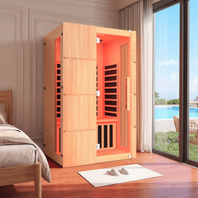 EROMMY 2-Person Indoor Infrared Sauna for Home, Far Infrared Sauna with Red Light Therapy, Chromotherapy Lighting, 6 Carbon Heaters & Bluetooth Speaker, Natural Wood