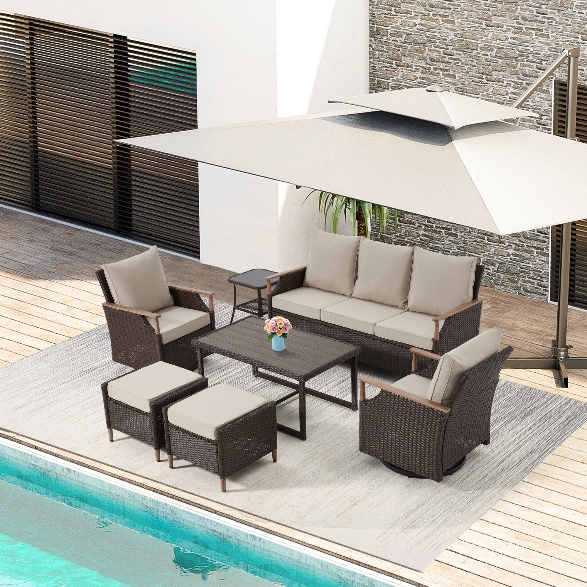 7 piece patio set with umbrella hole EROMMY 7-Piece Outdoor furniture Set with Swivel Chairs, Ottoman & Cof – Erommy