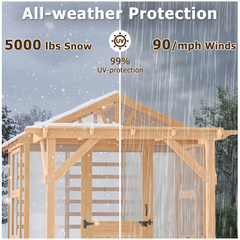 EROMMY 7x11 FT Spruce Wood Greenhouse with Pergola, Walk-in Polycarbonate Greenhouse Kit with Top-Hung Windows, Built-in Workstation and Staging Shelves for Backyard Garden