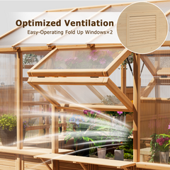 EROMMY 7x11 FT Spruce Wood Greenhouse with Pergola, Walk-in Polycarbonate Greenhouse Kit with Top-Hung Windows, Built-in Workstation and Staging Shelves for Backyard Garden