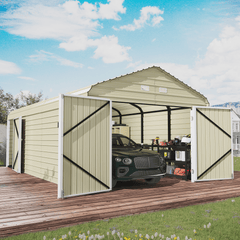 EROMMY 12x24 FT Heavy Duty Carport - Galvanized Steel Frame Car Shelter with Reinforced Base, Enclosed Storage Shed for Cars & Trucks, Beige