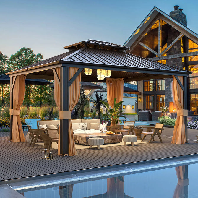 Erommy hardtop gazebo with a metal roof, privacy curtains, and outdoor seating beside a swimming pool and rustic home.