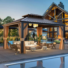 Erommy hardtop gazebo with a metal roof, privacy curtains, and outdoor seating beside a swimming pool and rustic home.