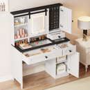 EROMMY Farmhouse Vanity Desk with Mirror, Lights and Jewelry Storage, Antique White-Erommy