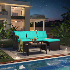 EROMMY 3 Piece Outdoor Patio Furniture Set, All-Weather PE Rattan Sofa Set with Glass Table & Cushions, Blue