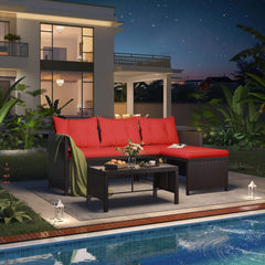 EROMMY 3 Piece Outdoor Patio Furniture Set, All-Weather PE Rattan Sofa Set with Glass Table & Cushions, Red