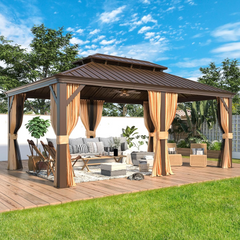 EROMMY 12' x 18' Gazebo Double Hardtop Roof Galvanized Steel Pavilion Aluminum Frame Permanent Brown-Erommy
