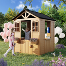 Erommy Wooden Playhouse for Kids, Outdoor Garden Cottage with Door, Windows, Service Station, Flower Pot Holder, for 3-7 Years Old-Erommy
